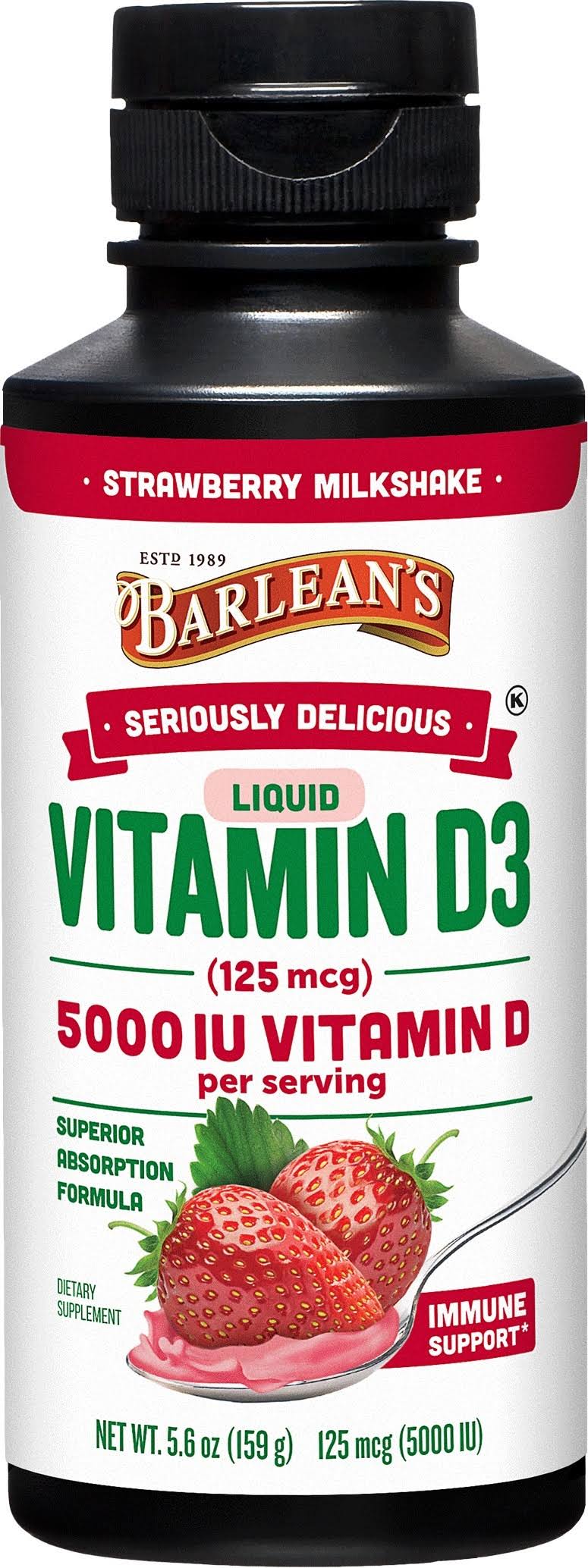 Barlean's Seriously Delicious Liquid Vitamin D3 Strawberry Milkshake 125 mcg (5000 IU) 5.6 oz (159 g)