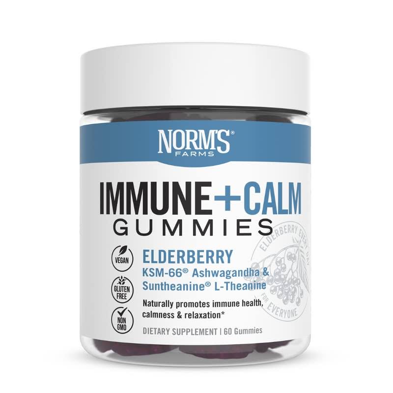 Norm's Farms Immune + Calm Elderberry Gummies - KSM-66, Ashwagandha, L-Theanine - Vegan, Gluten Free, Non-GMO - 60 Gummies