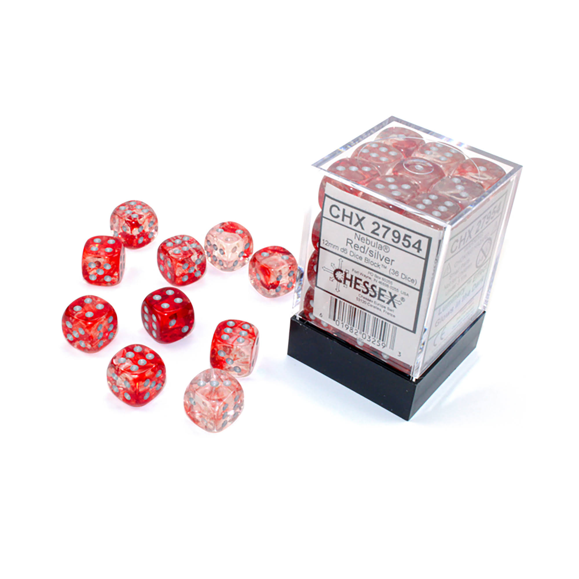 Chessex - Nebula 12mm D6 Red/Silver Luminary - Dice Block (36 Dice)