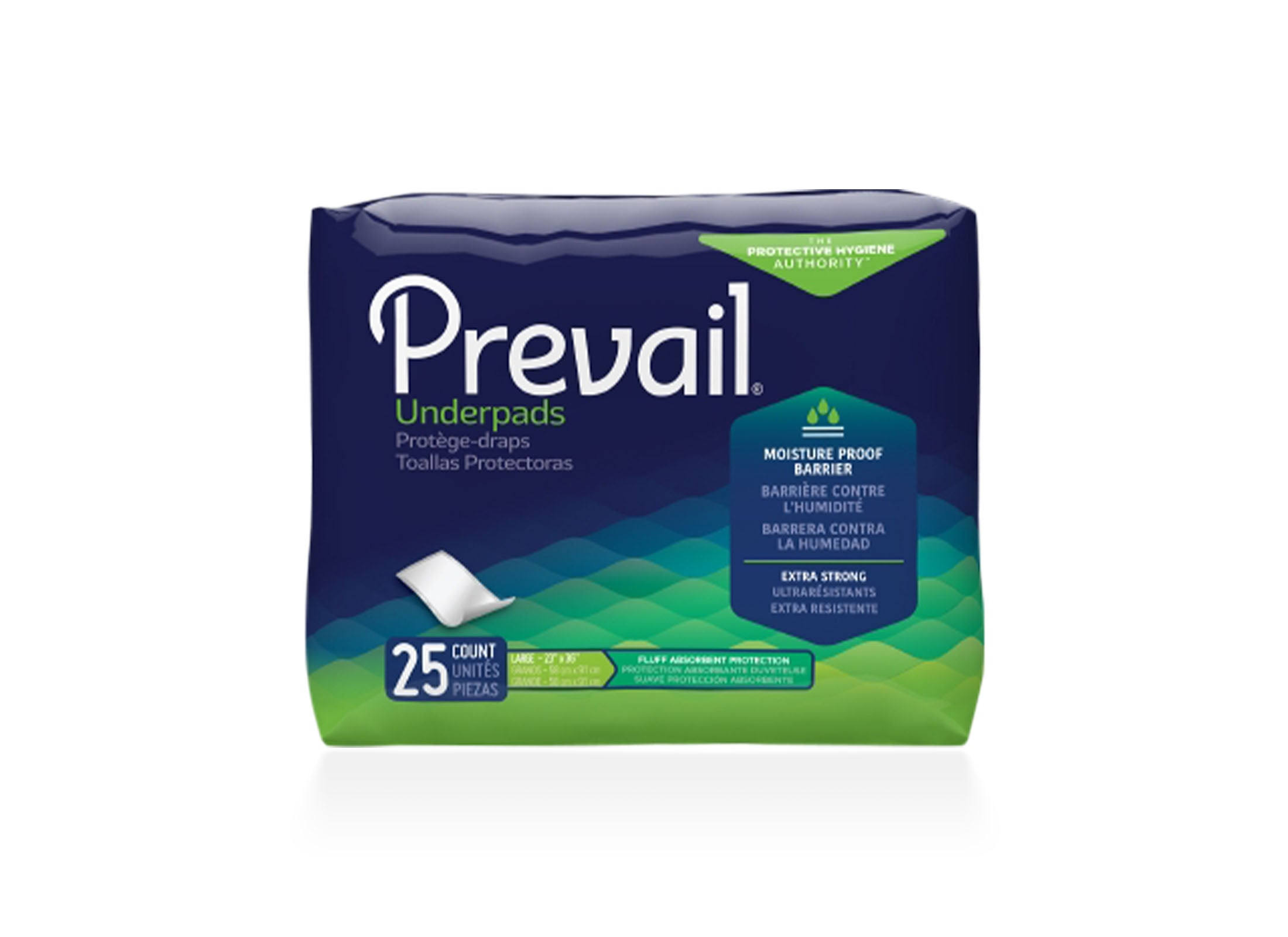 First Quality Prevail Total Care Underpads, 23 x 36 inch, Disposable, Fluff, Light Absorbency, 25/bg