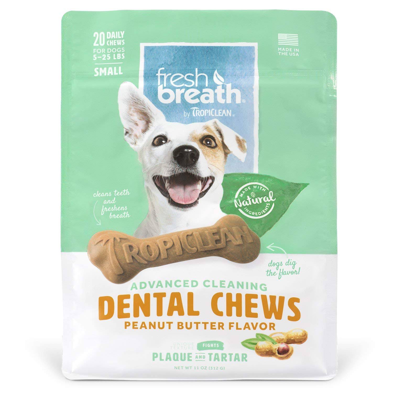 Tropiclean Fresh Breath Peanut Butter Flavored Dental Chews, 20 Pack,