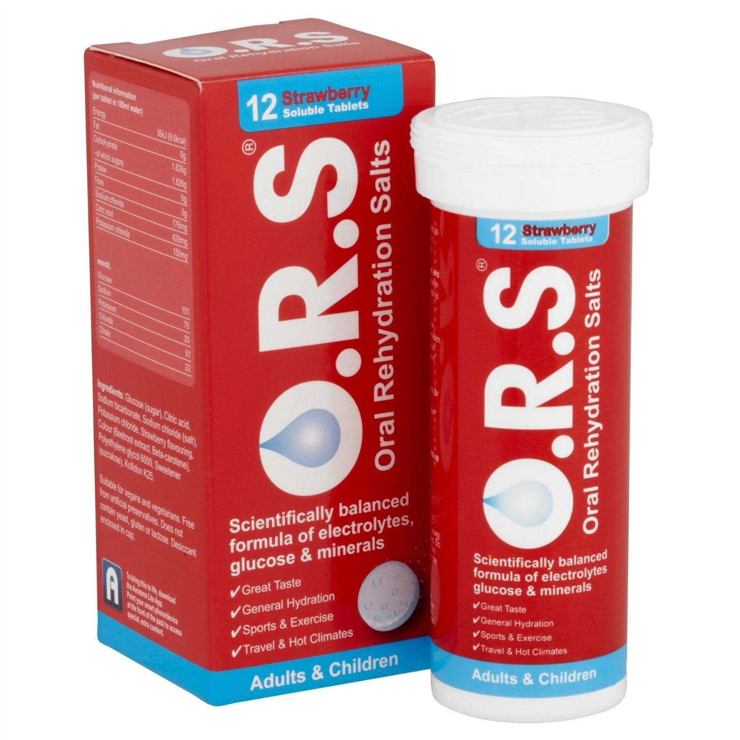 O.R.S Hydration Tablets - Adults and Children, 12 Strawberry Flavour Soluble Tablets