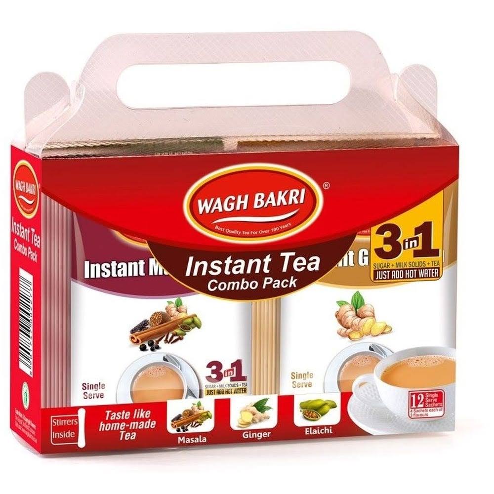 Wagh Bakri Instant Tea Premix, 4 Sachets Each of Elaichi, Ginger, Masa
