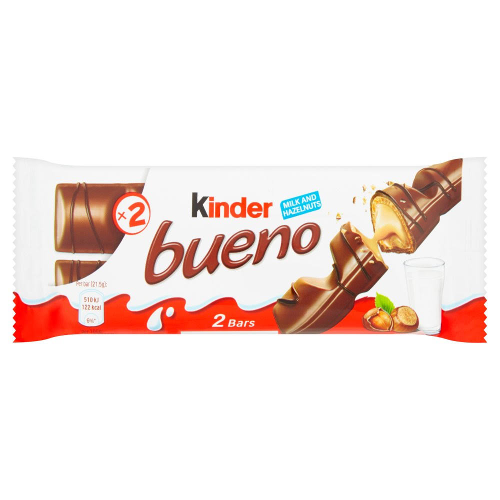 Kinder Bueno Milk Chocolate and Hazelnuts Single Chocolate Bar - 2 Finger x 21.5g, 43g