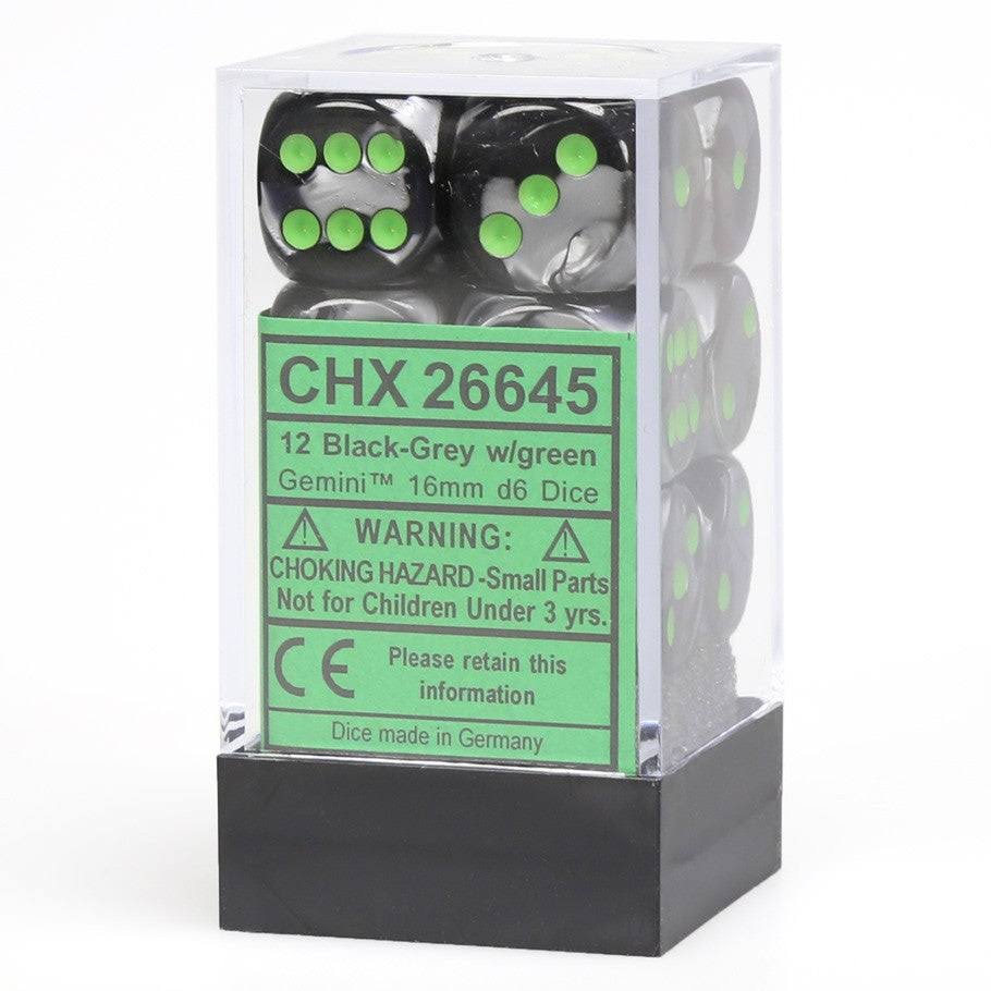 Chessex CHX 26645 Gemini Black-Grey w/Green D6