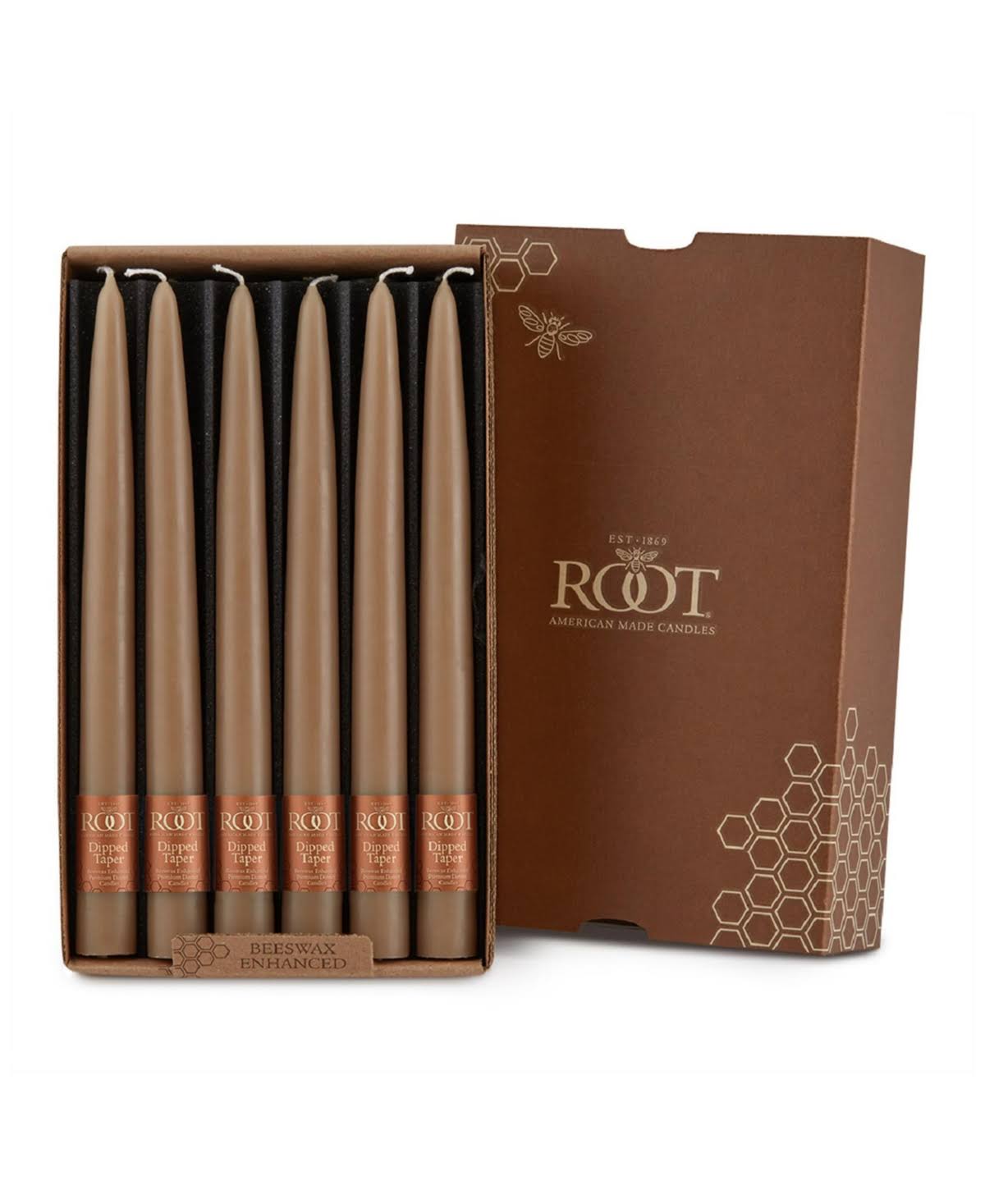 Root Hand Dipped Taper Candles - Taupe, Unscented, 9", Box of 12