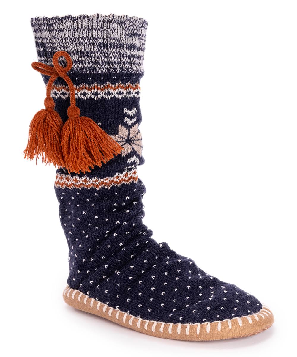MUK LUKS Women's Slipper Socks with Tassels Size L/X Vanilla/Navy