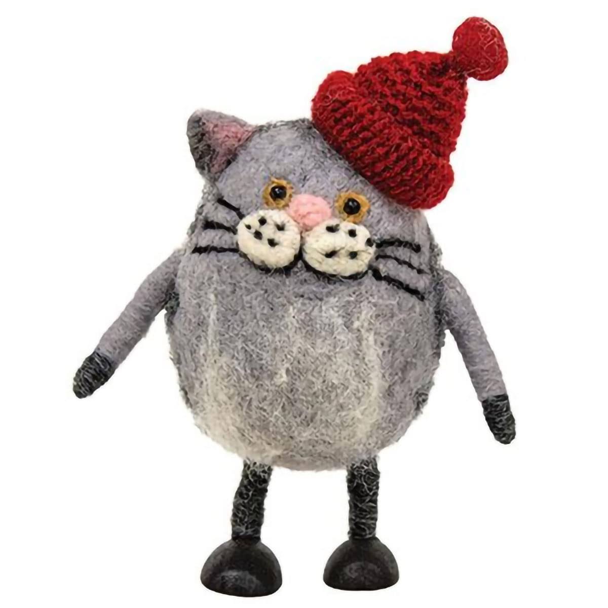 Felted Cat w/Red Hat Ornament