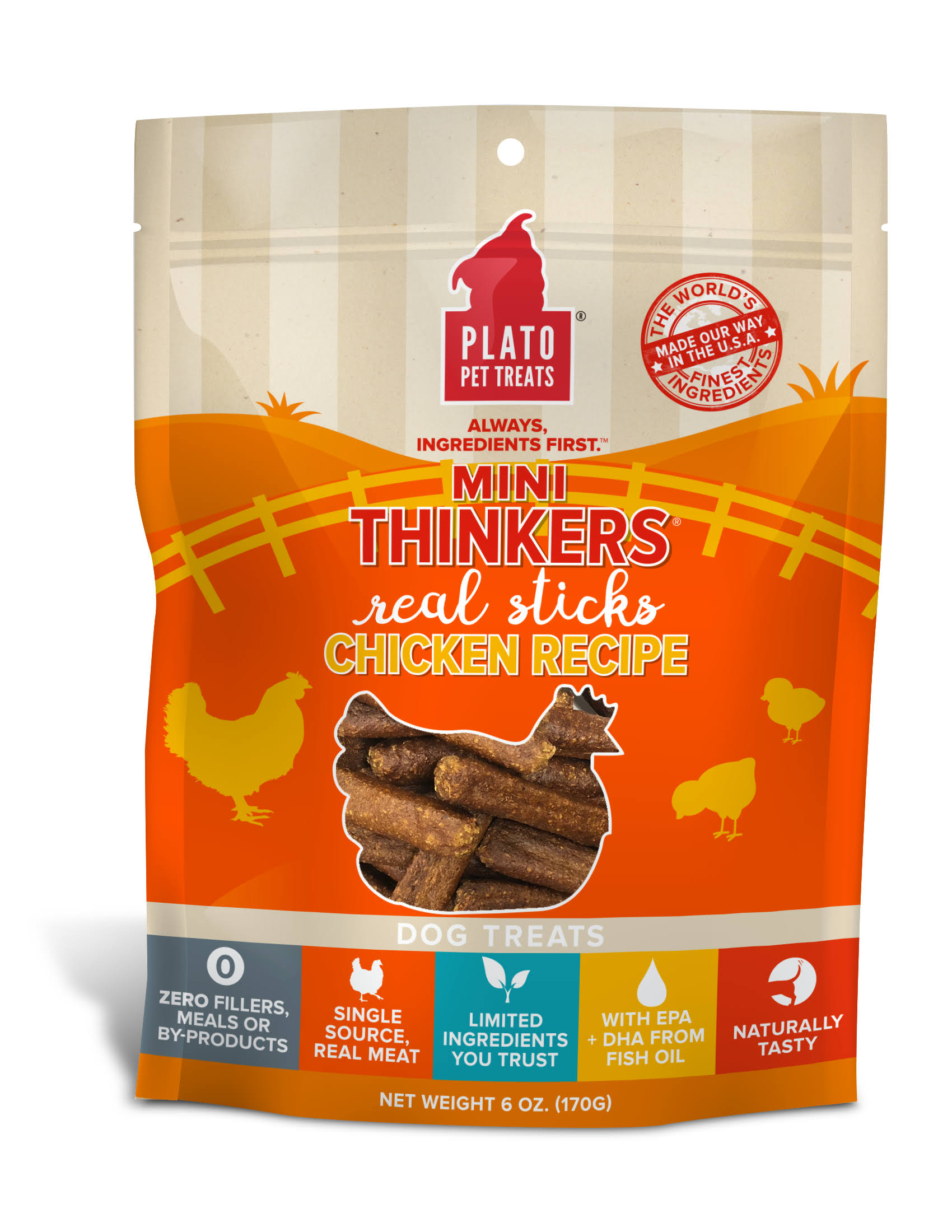 Plato Mini Thinkers Chicken Meat Stick Dog Treats, 6-oz