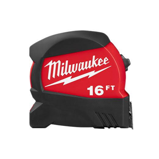 Milwaukee 48-22-0416 Tape Measure, 16 ft L Blade, 1/2 in W Blade, Steel Blade, Black/Red