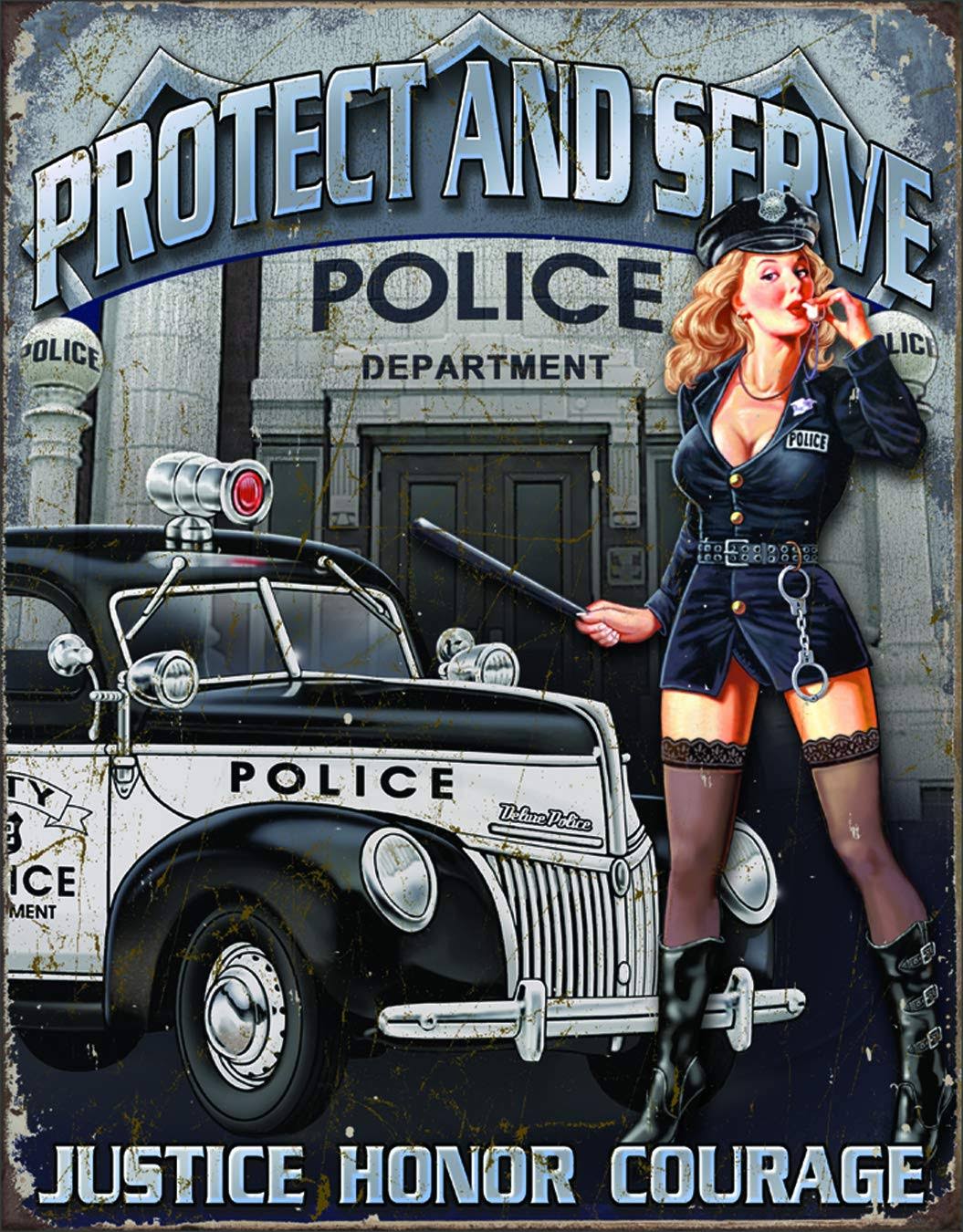 Protect and Serve Police Woman Tin Sign - 16" x 12.5"