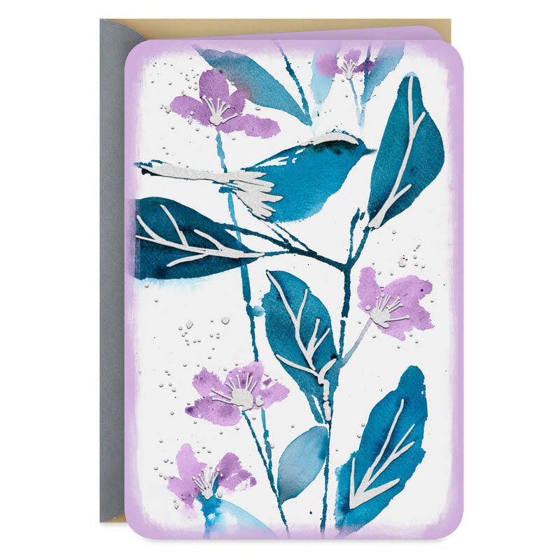 Hallmark Thinking of You Card, Blue Bird and Purple Flowers Blank Card