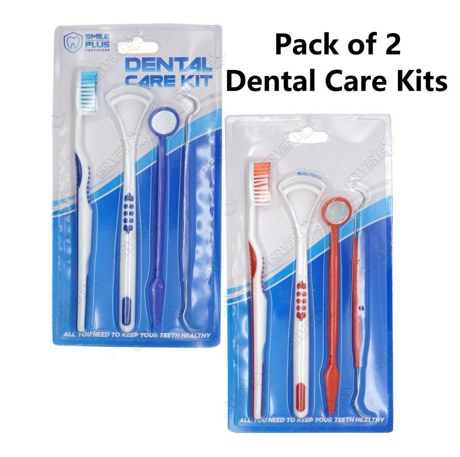 2x Pack Red Dental Care Kit Toothbrush, Dental Pick, Mirror & Tongue Cleaner Set