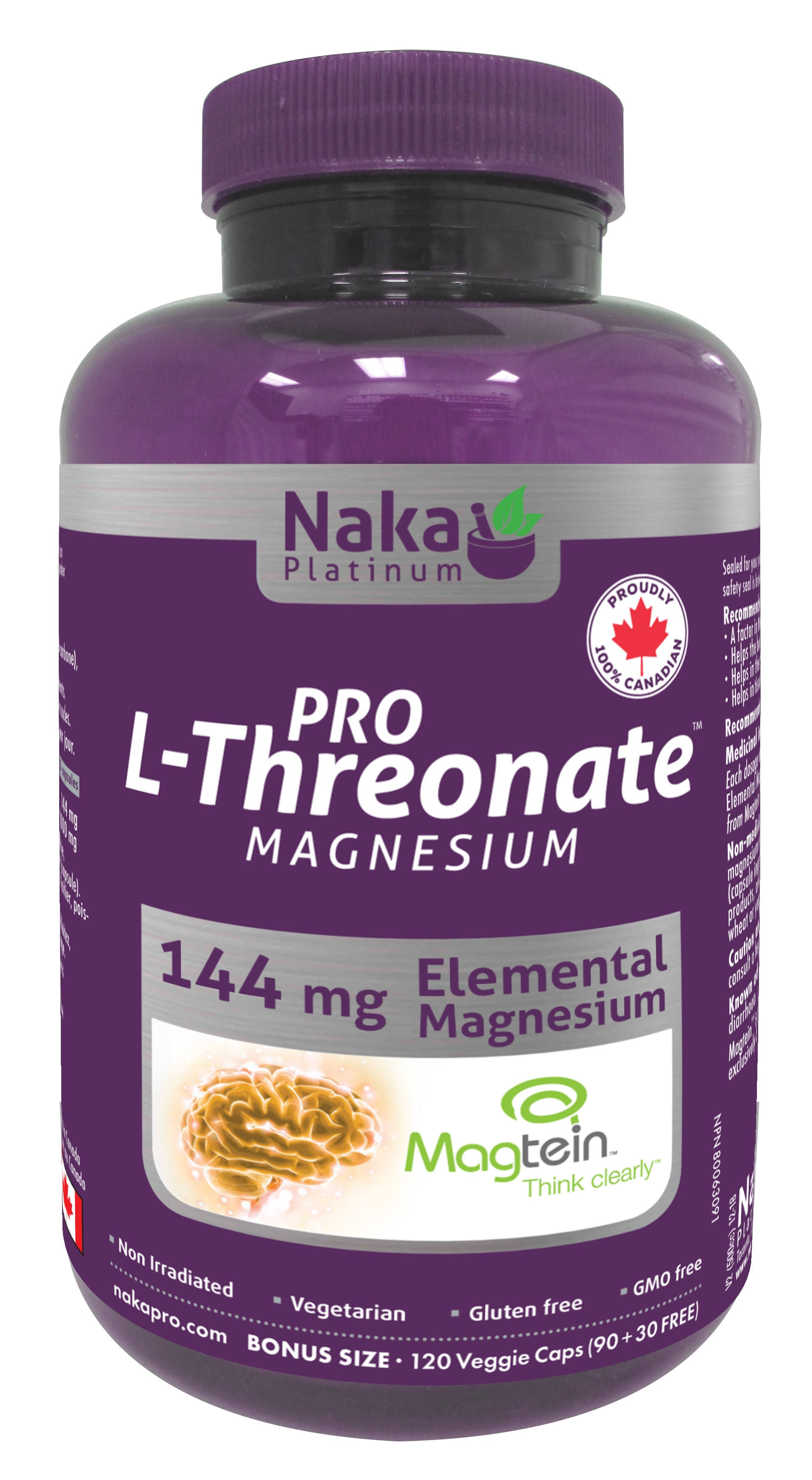 Naka Platinum PRO Magnesium L-Threonate Magtein 2,000 mg per Serving (3capsules) 144 Elemental Magnesium - Bonus Size 120 Veggie Caps (90+30 Free)