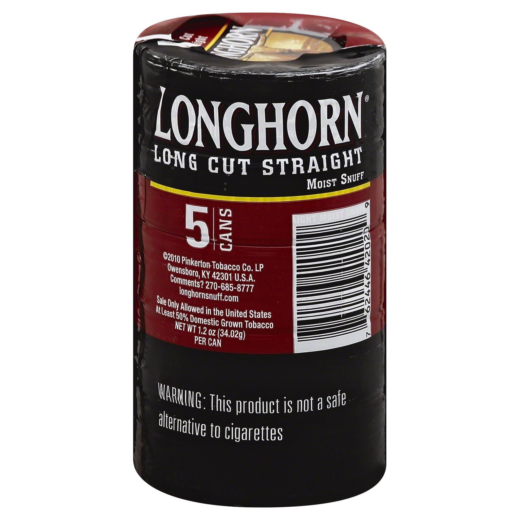 Longhorn Moist Snuff, Long Cut, Straight - 5 pack, 1.2 oz cans