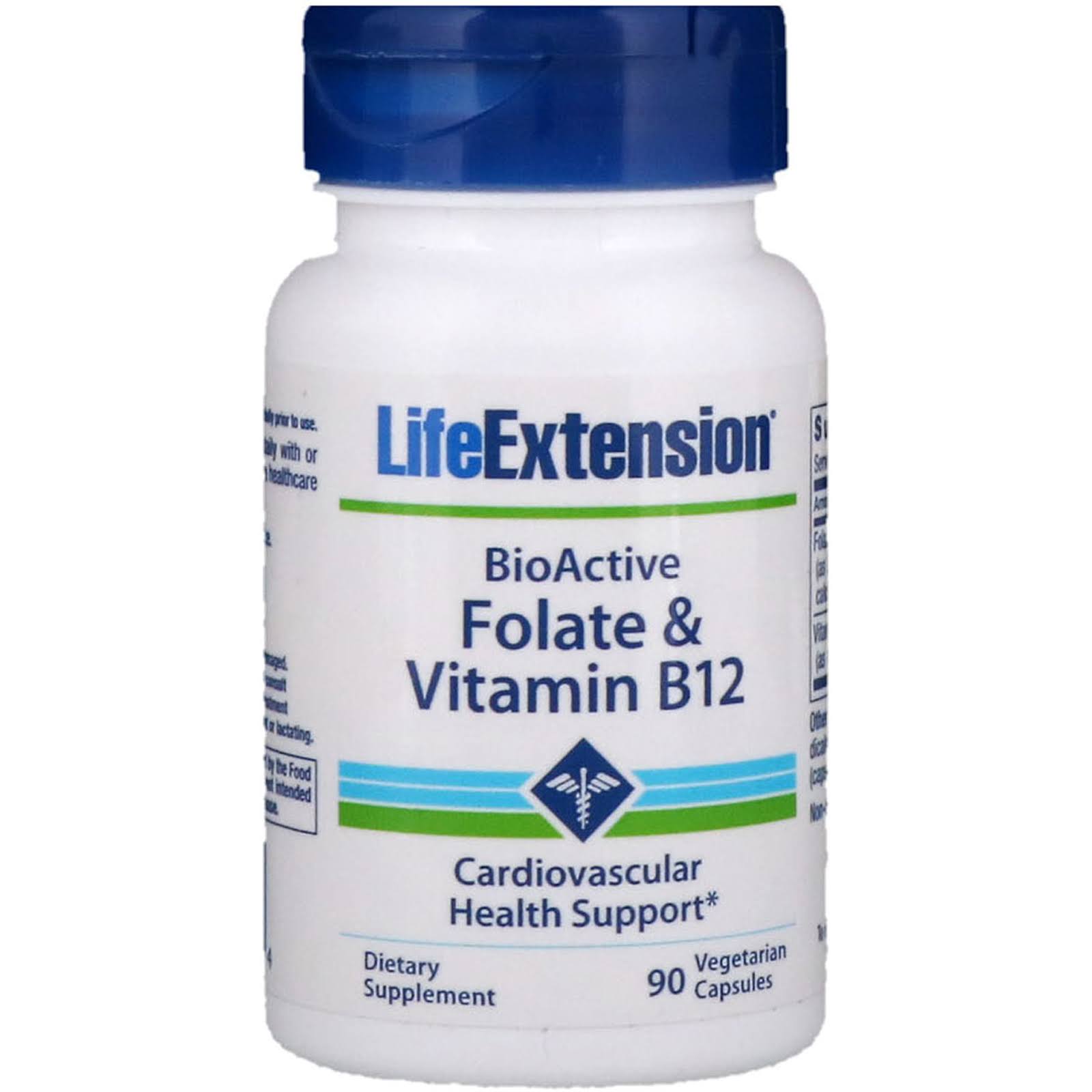 Life Extension Bioactive Folate & Vitamin B12 Cardiovascular Health Support - 90 Vegetarian Capsules