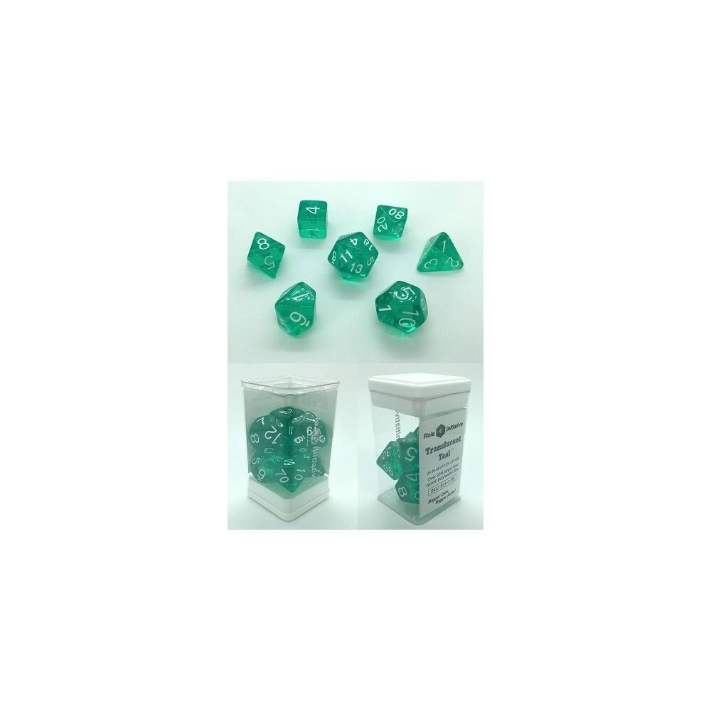 Set of 7 Polyhedral Dice Translucent Teal with White Numbers 50117-7B