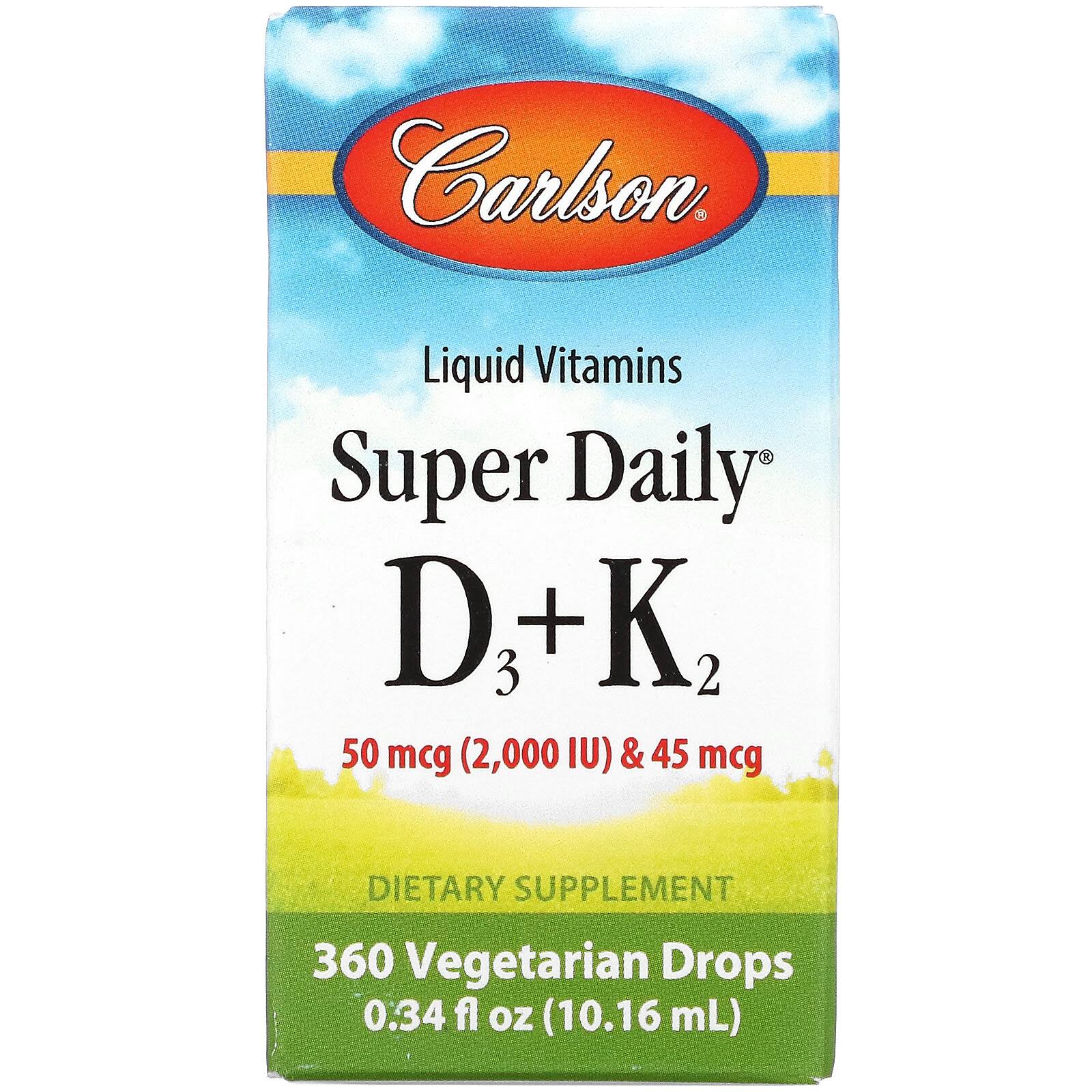 Carlson Labs, Liquid Vitamins, Super Daily D3+K2, 50 mcg (2,000 IU) & 45 mcg, 360 Vegetarian Drops, 0.34 fl oz (10.16 ml)