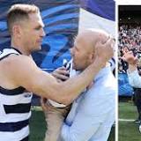 Watch Gary Ablett's son Levi run through the banner of the AFL Grand Final with Geelong's Joel Selwood as he battles ...