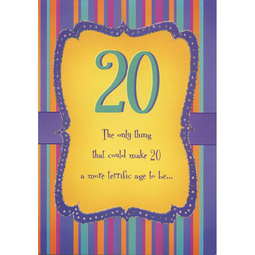 Designer Greetings Purple and Silver Foil Frame On Yellow Age 20 / 20th Birthday Card | Party Decorations & Supplies