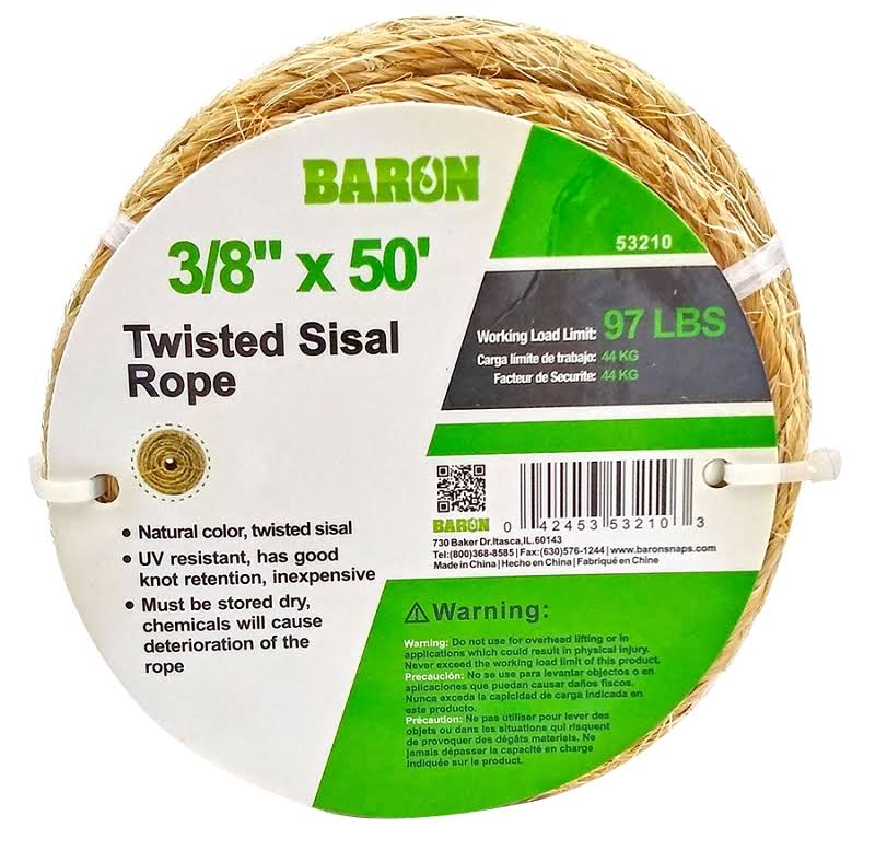 Baron 53210 Twisted Sisal Rope, 3/8 inch x 50 Feet, Natural