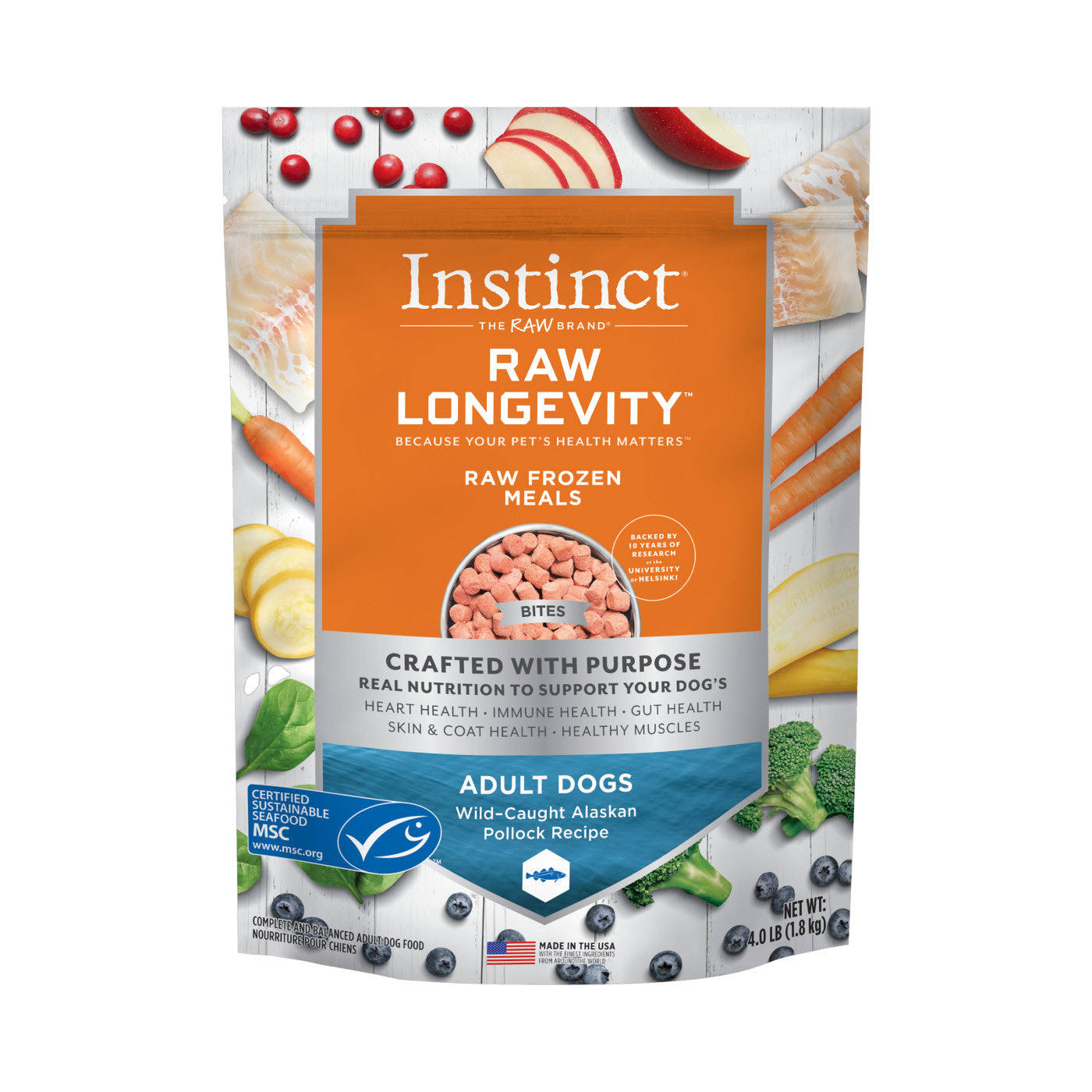 Instinct Raw Longevity Frozen Bites for Adults 4lb Dog Food Pollock