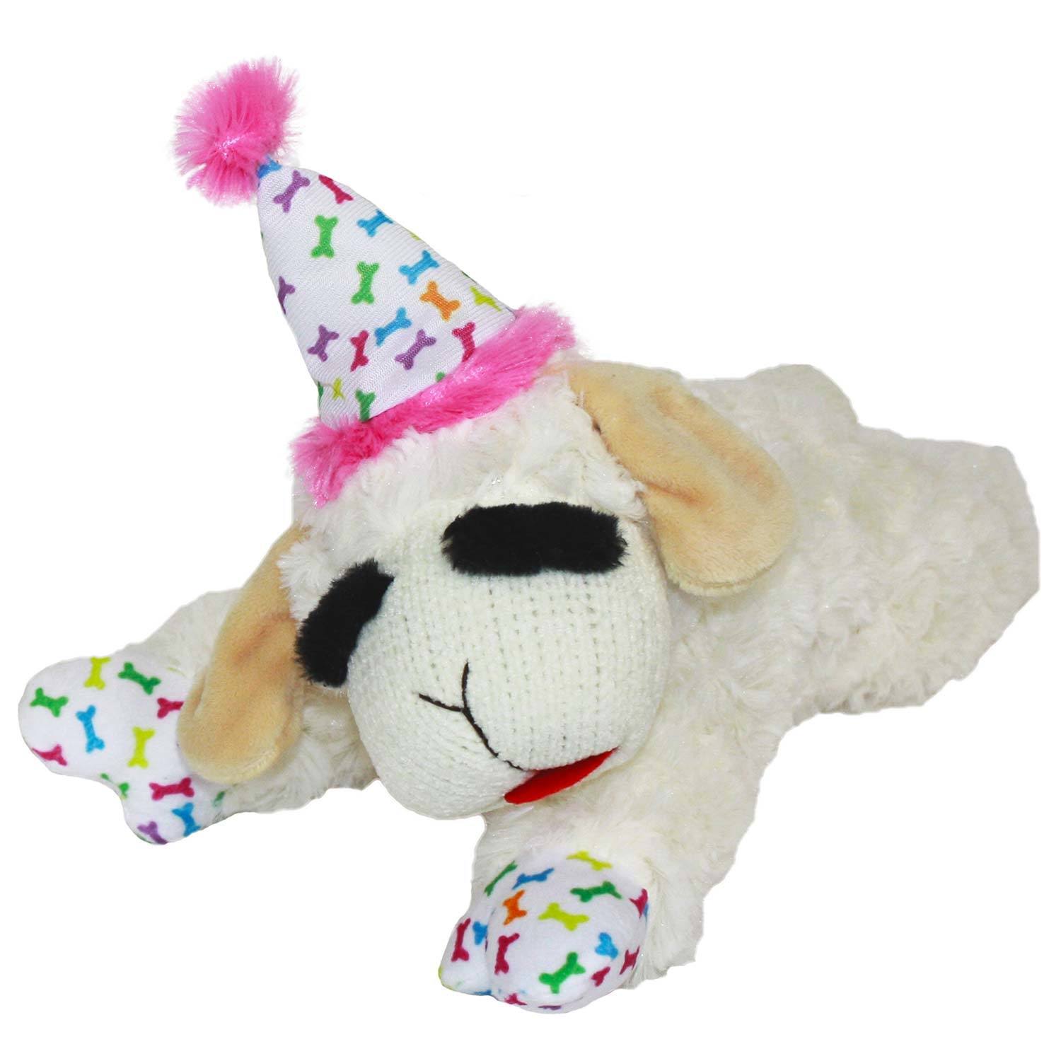 Multipet Lamb Chop w/Birthday Hat Dog Toy 10.5" Pink
