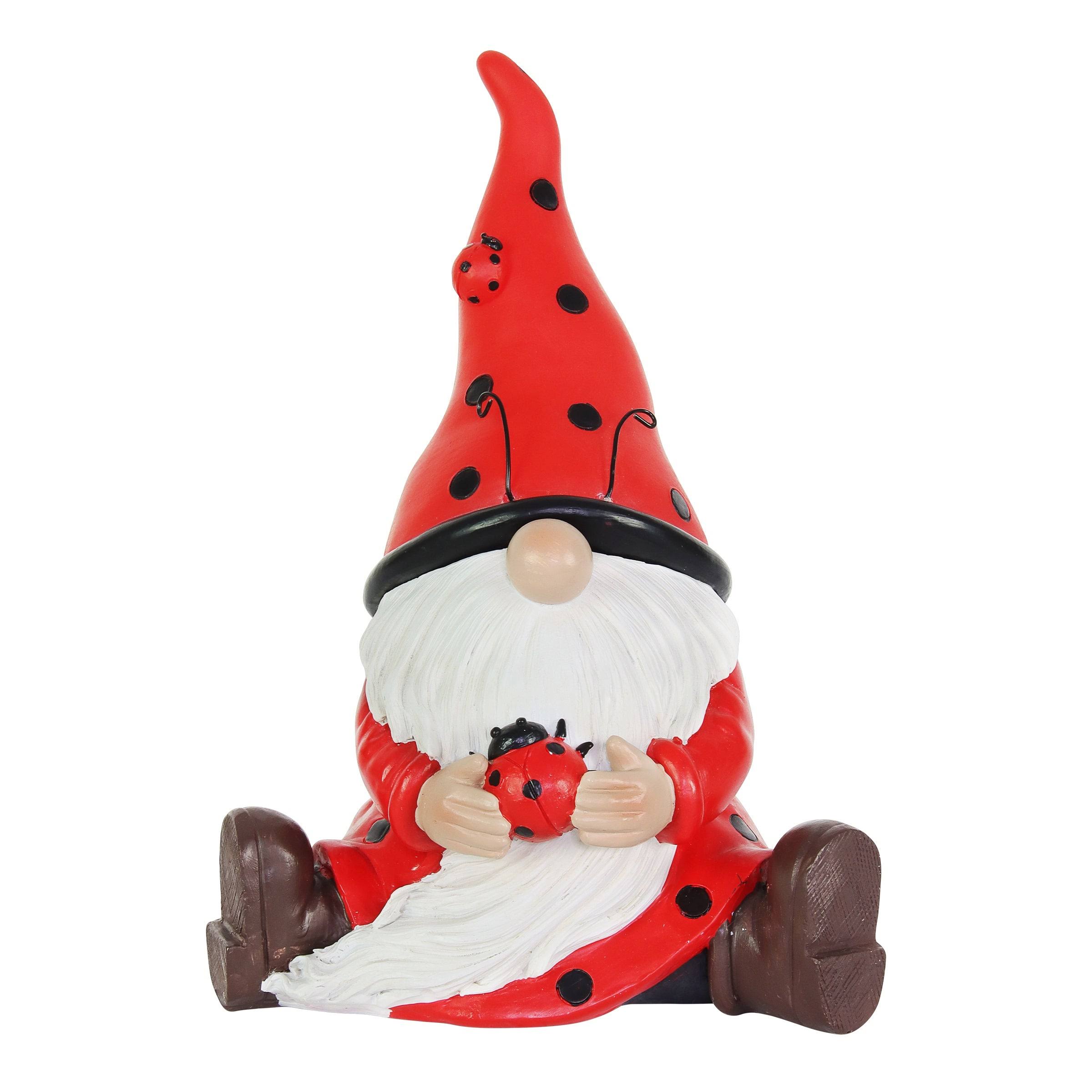 Exhart Solar Ladybug Hat Gnome Statue with Ladybug, 5.5 by 9.5 Inches - Resin - Multi