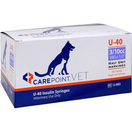 CarePoint Vet U-40 Insulin Syringes 3/10cc, 29g, 1/2 inch, Half Unit Markings, 100ct
