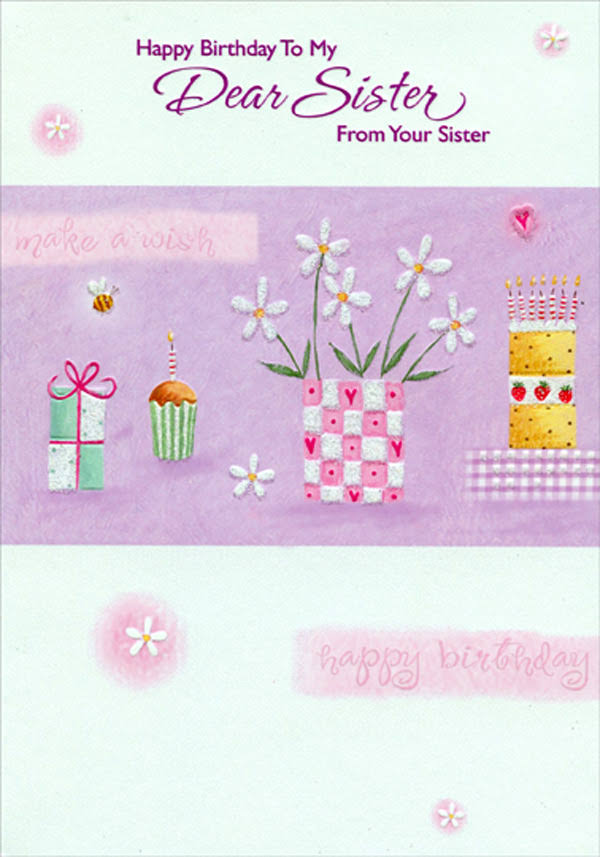 Designer Greetings Daisies in Pink and White Box with Shimmering White Sections Sister Birthday Card from Sister, Size: 5.25 x 7.5