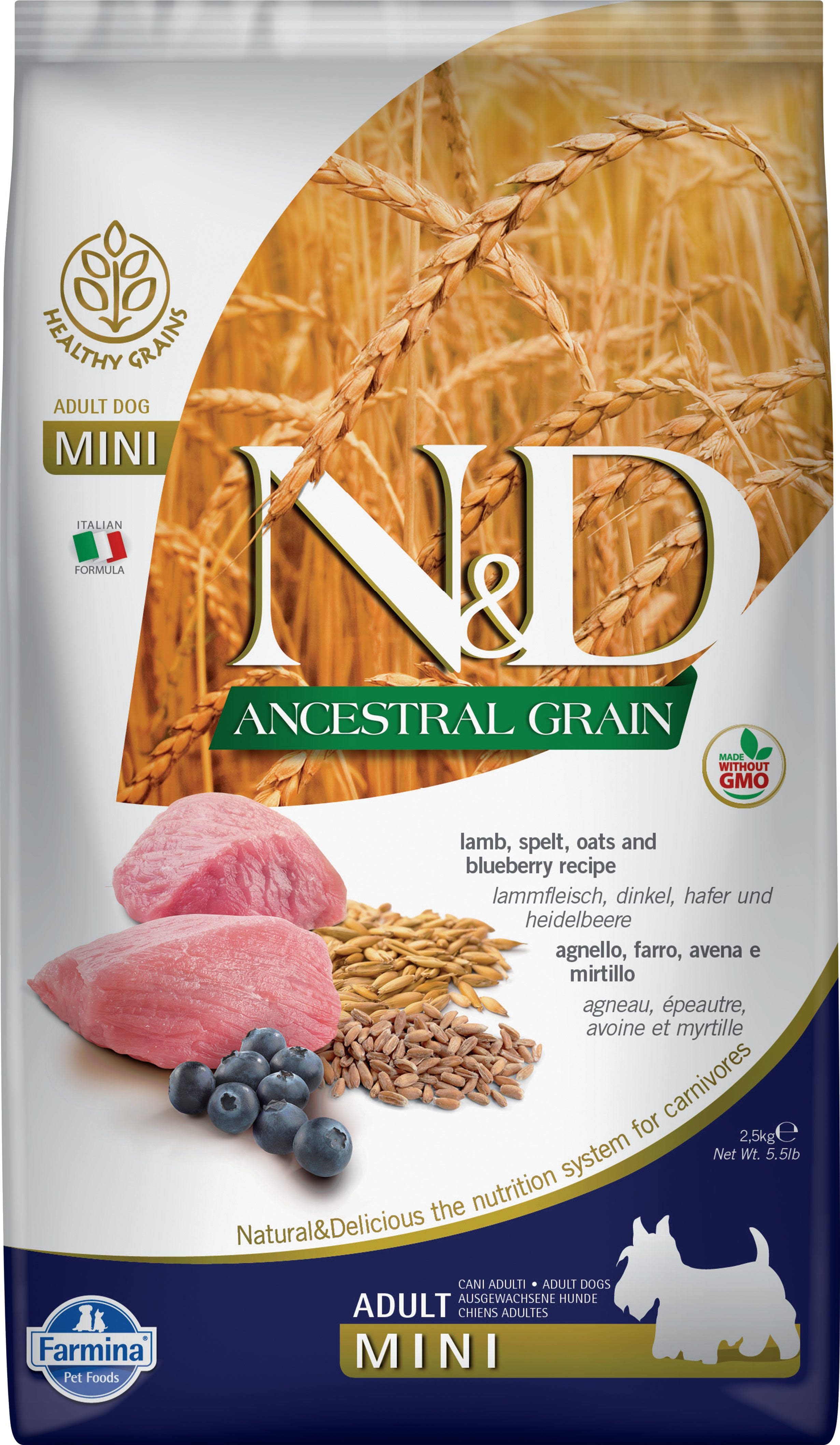 Farmina N&D Ancestral Grain Lamb & Blueberry Mini Adult Dry Dog Food, 15.4 lbs