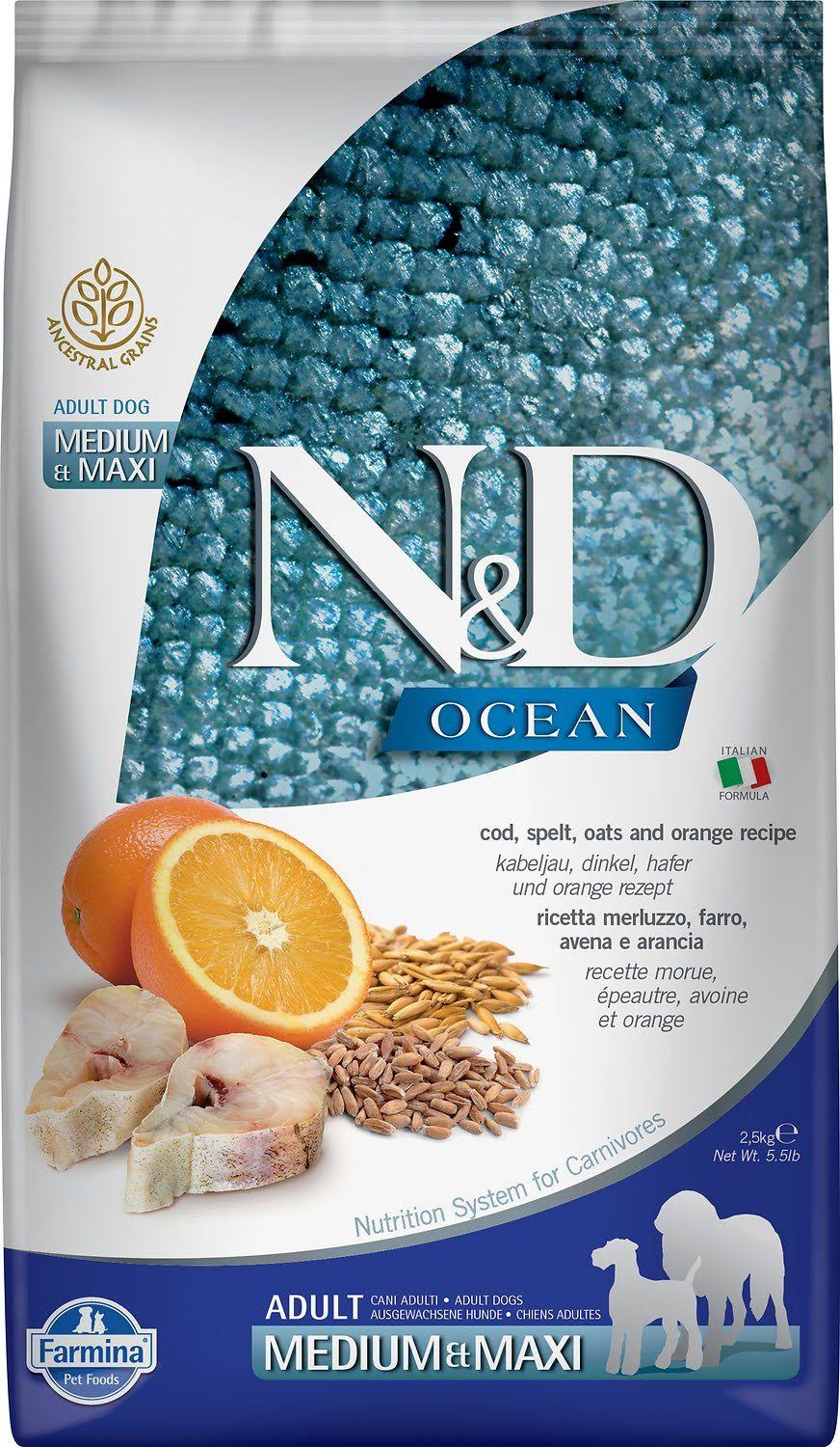 NandD Ocean Cod, Spelt, Oats and Orange Medium and Maxi Adult Dog Food - 2.5kg - Farmina