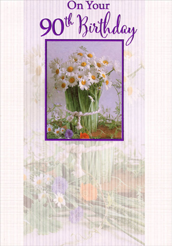 Designer Greetings Daisies in Purple Foil Frame Age 90 / 90th Birthday Card