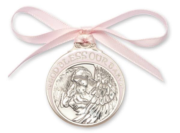 Bliss Pewter Baby with Angel Crib Medal Pink Ribbon