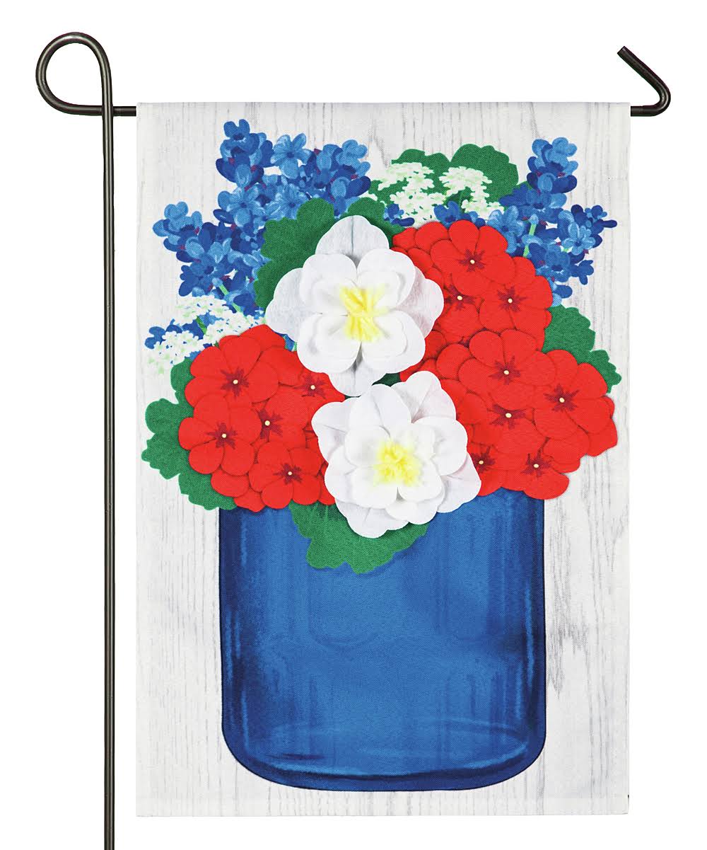 Evergreen Linen Garden Flag - Patriotic Floral Mason Jar