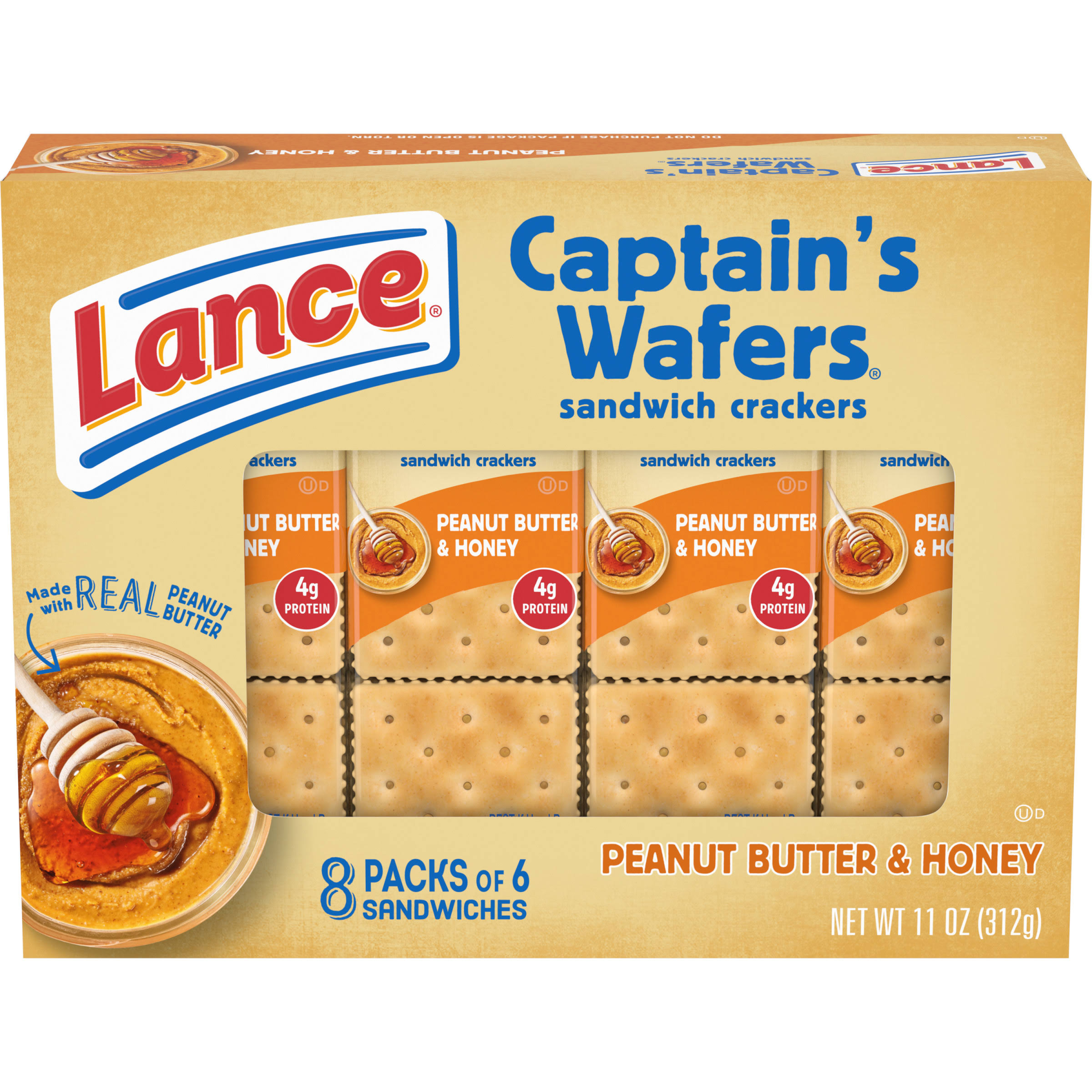 Lance Captain's Wafers Sandwich Crackers, Peanut Butter & Honey, 8 Pack - 8 6 sandwich packs, 11 oz