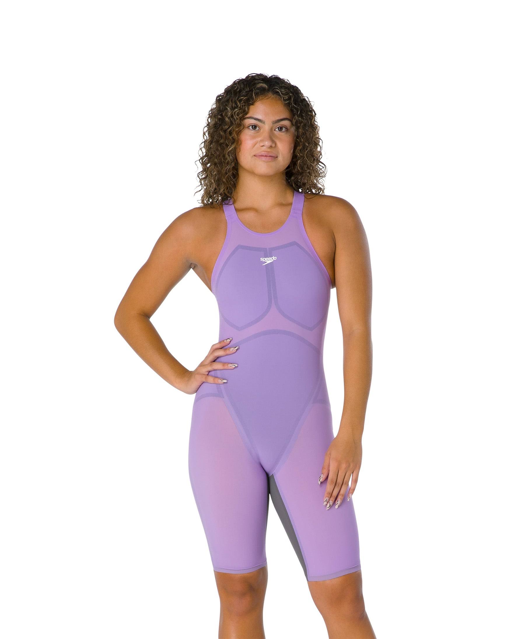 Speedo Women's Fastskin Lzr Pure Valor Open Back Kneeskin Tech Suit Swimsuit - Purple Reign 22 | Nylon/Lycra - Swimoutlet.com