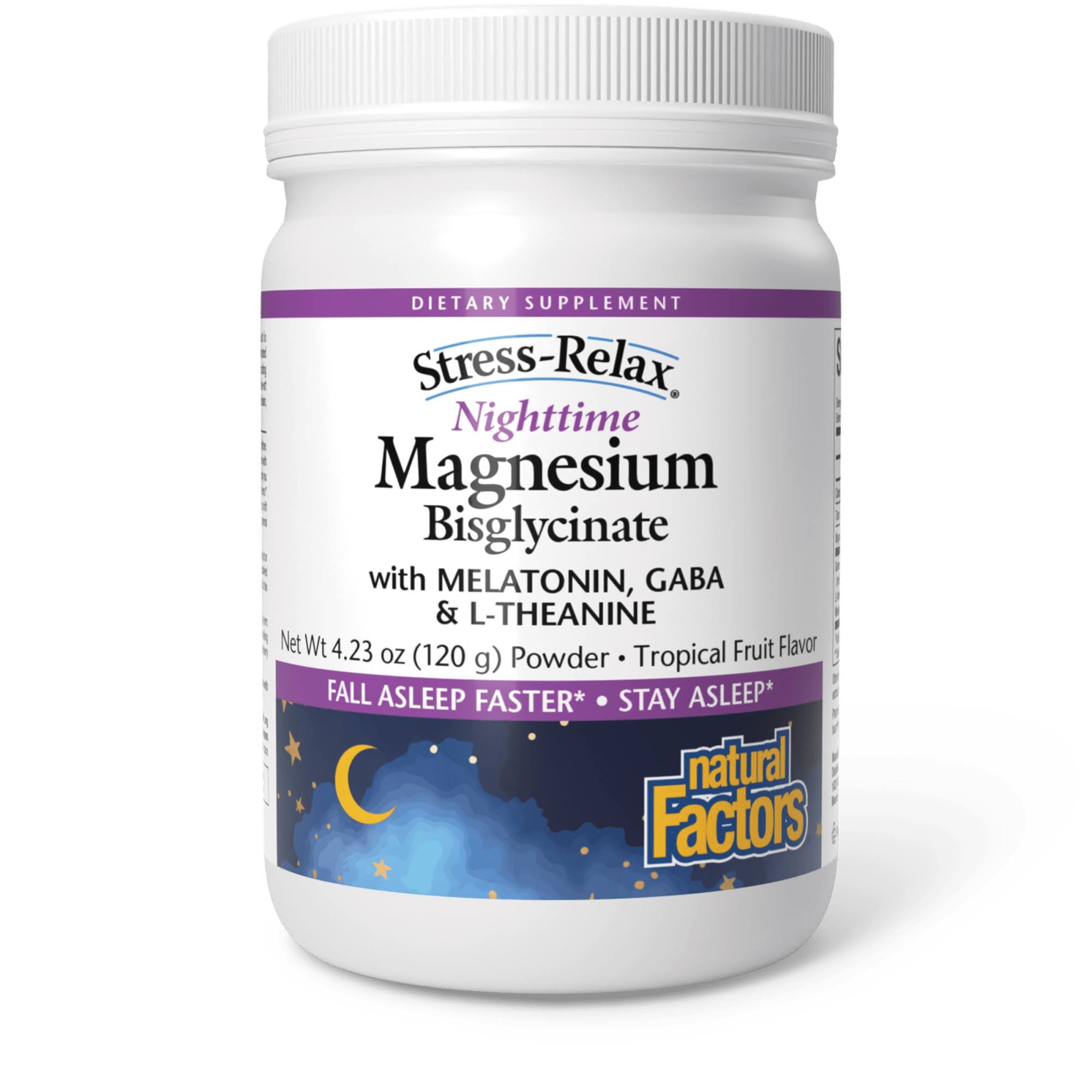 Natural Factors, Stress-Relax, Nighttime Magnesium Bisglycinate with Melatonin, Gaba & L-Theanine, Tropical Fruit, 4.23 oz (120 g)