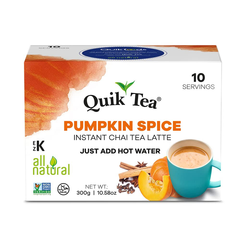 Quik Tea Pumpkin Spiced Masala Instant Chai Tea Latte Premix - 10 Count Single Box - All Natural Preservative Free Seasonal Convenient Chai - Just Add