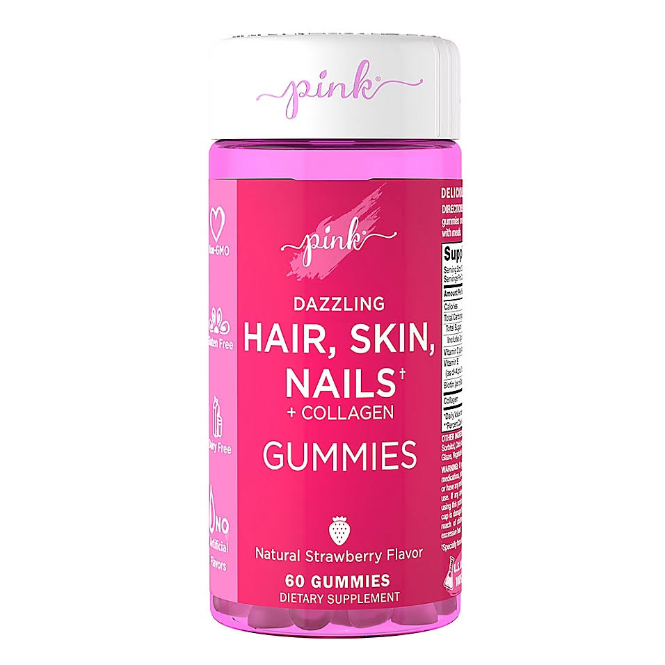 Pink Hair, Skin, Nails, Dazzling, + Collagen, Gummies, Natural Strawberry Flavor - 60 gummies