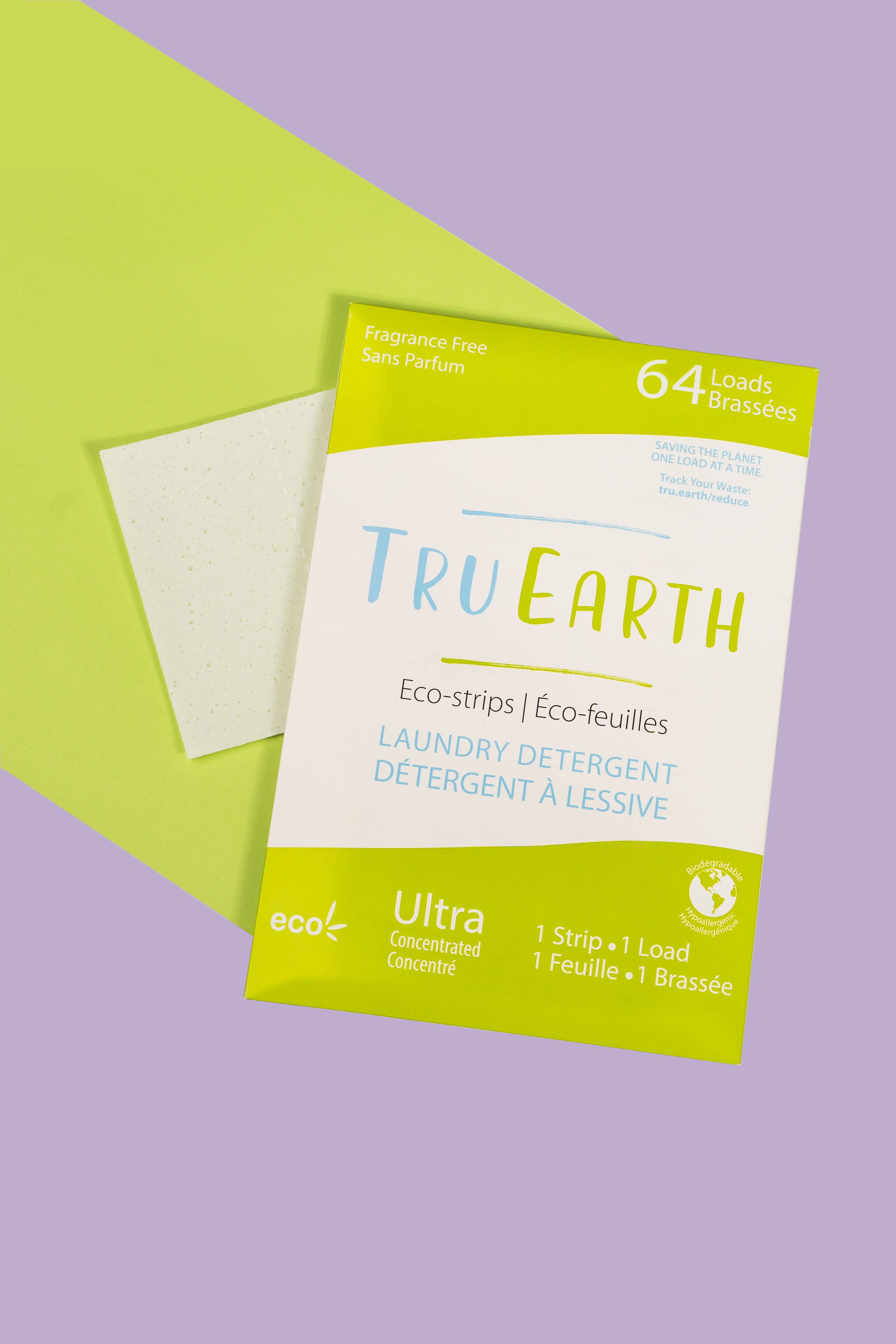 TRU Earth Eco-Strips Laundry Detergent (Fragrance-Free, 64 Loads) - Eco-friendly Ultra Concentrated Hypoallergenic Compostable & Biodegradable