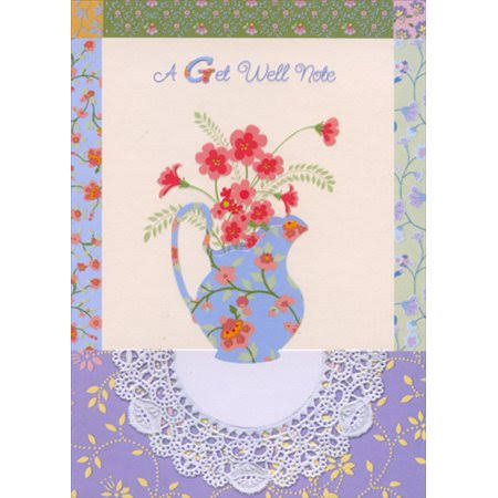 Blue Pitcher Vase Holding Pink Flowers Get Well Card