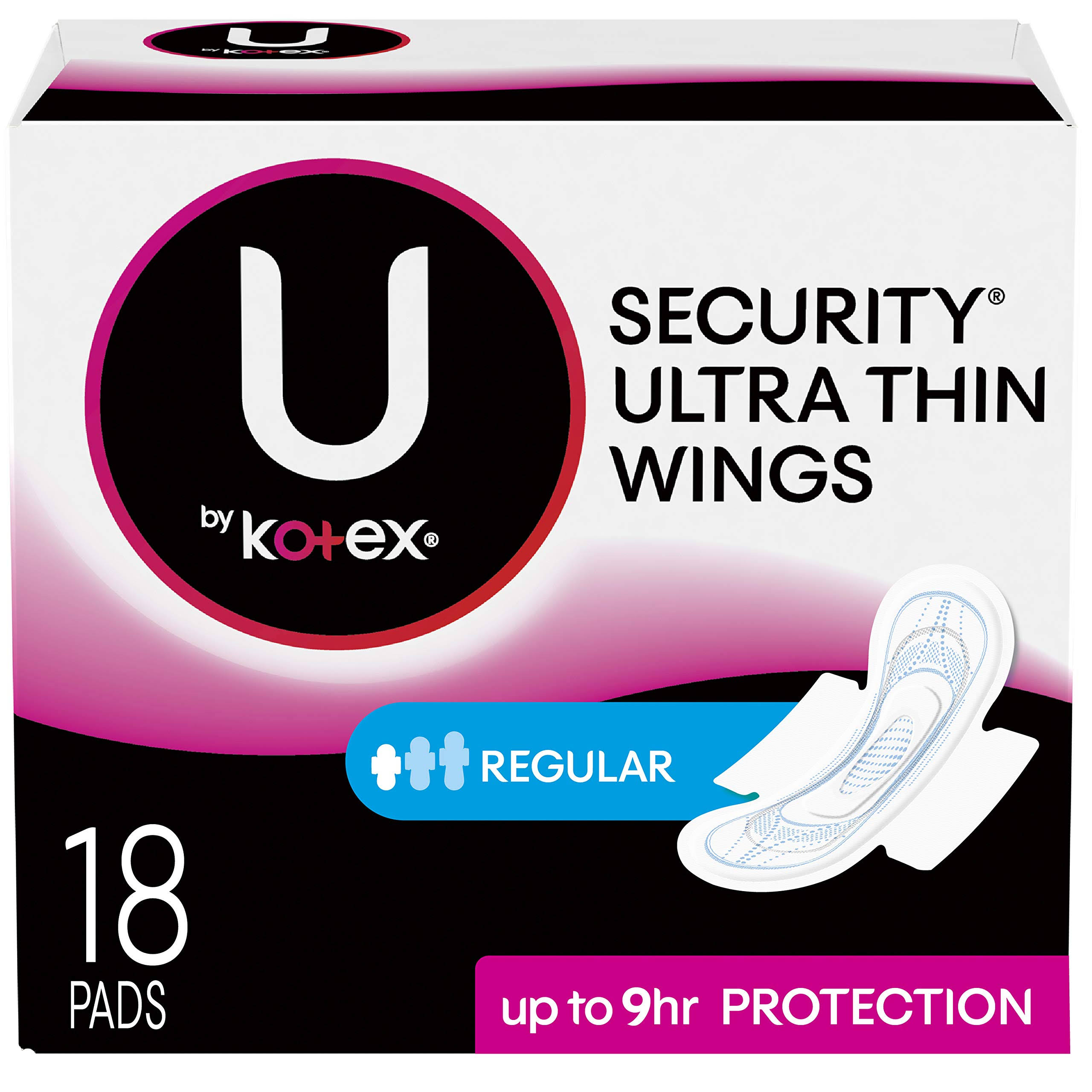 U By Kotex Security Ultra Thin Pads with Wings - Regular, 18ct, Unscented