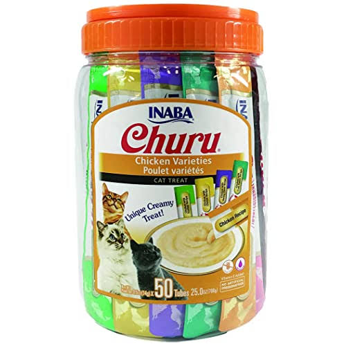 INABA Churu Cat Treats, Grain-Free, Lickable, Squeezable Creamy Pure Cat Treat/Topper with Vitamin E & Taurine, 0.5 Ounces Each Tube, 50 Tubes, Chicke