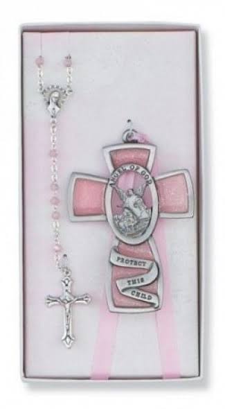 Pink Guardian Angel and Rosary Set