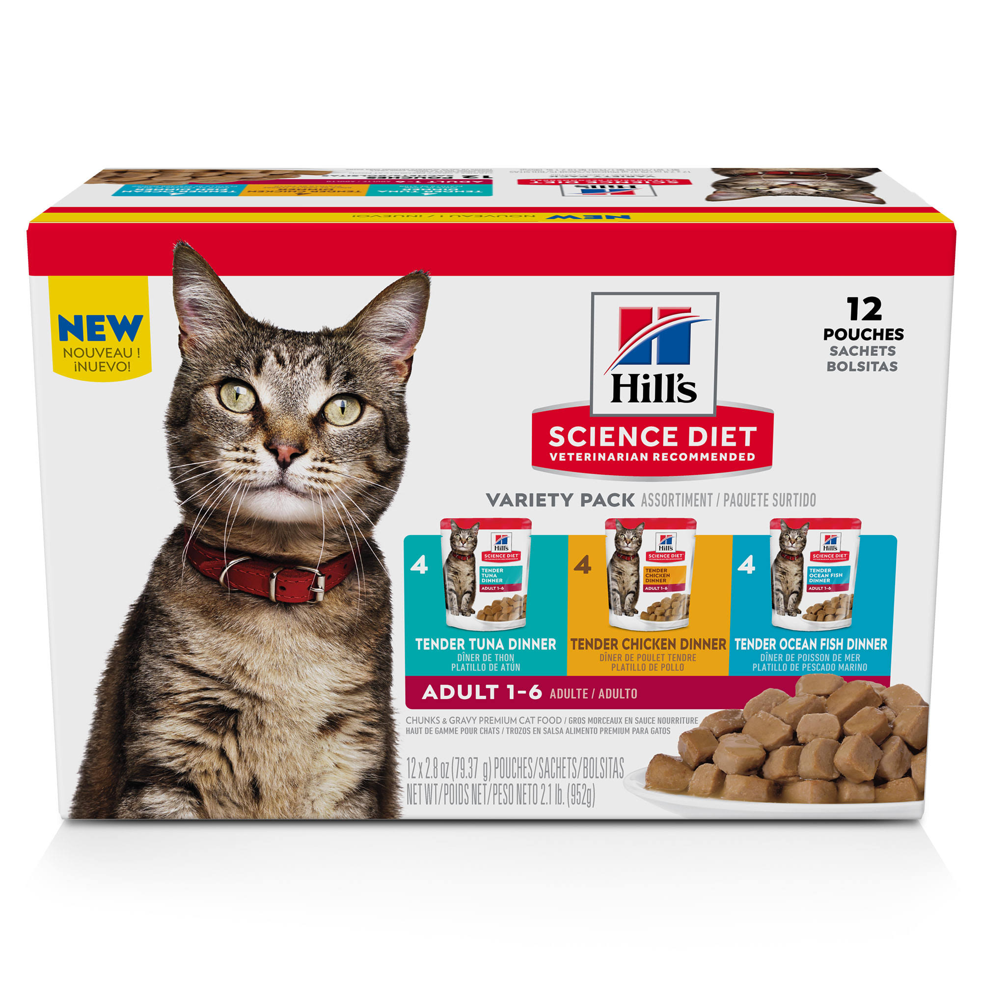 Science Diet Cat Food, Premium, Chunks & Gravy, Variety Pack, Adult 1-6 - 12 pack, 2.8 oz pouches