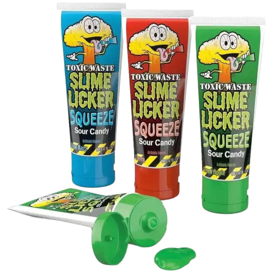 Toxic Waste Slime Licker Squeeze Sour Candy | 12 Count Display with Blue Razz, Cherry, and Green Apple Flavors