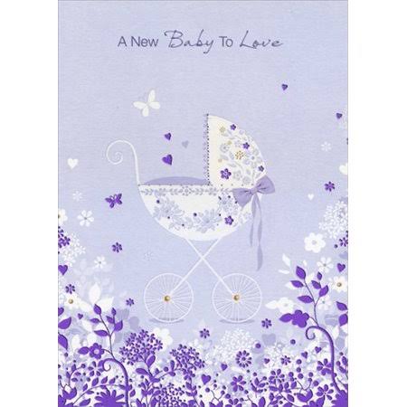 Designer Greetings White Stroller and Purple Foil Flowers, Hearts and Vines New Baby Congratulations Card, Size: 5 x 7