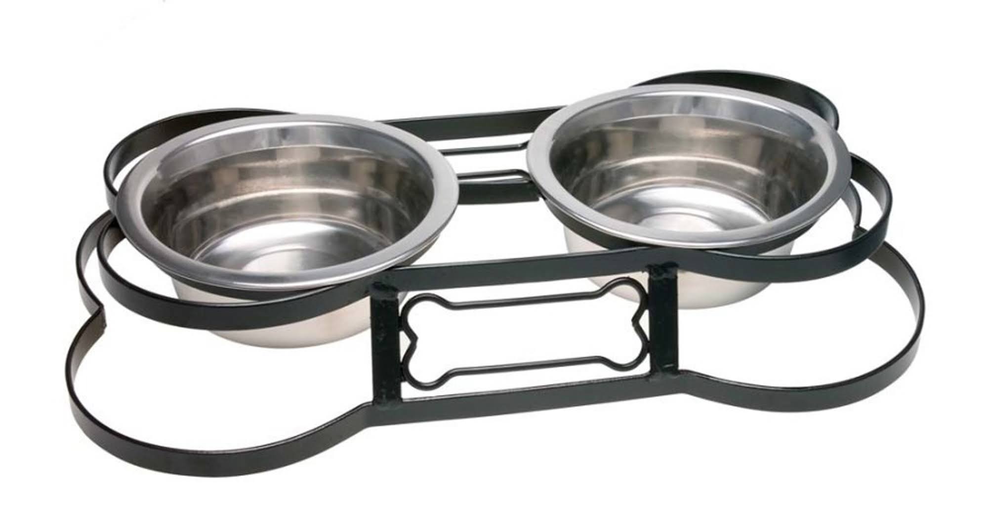 Loving Pets New Double Stainless Steel Dog Bowl+bone Shape Black Metal Frame Stand 1-Pint