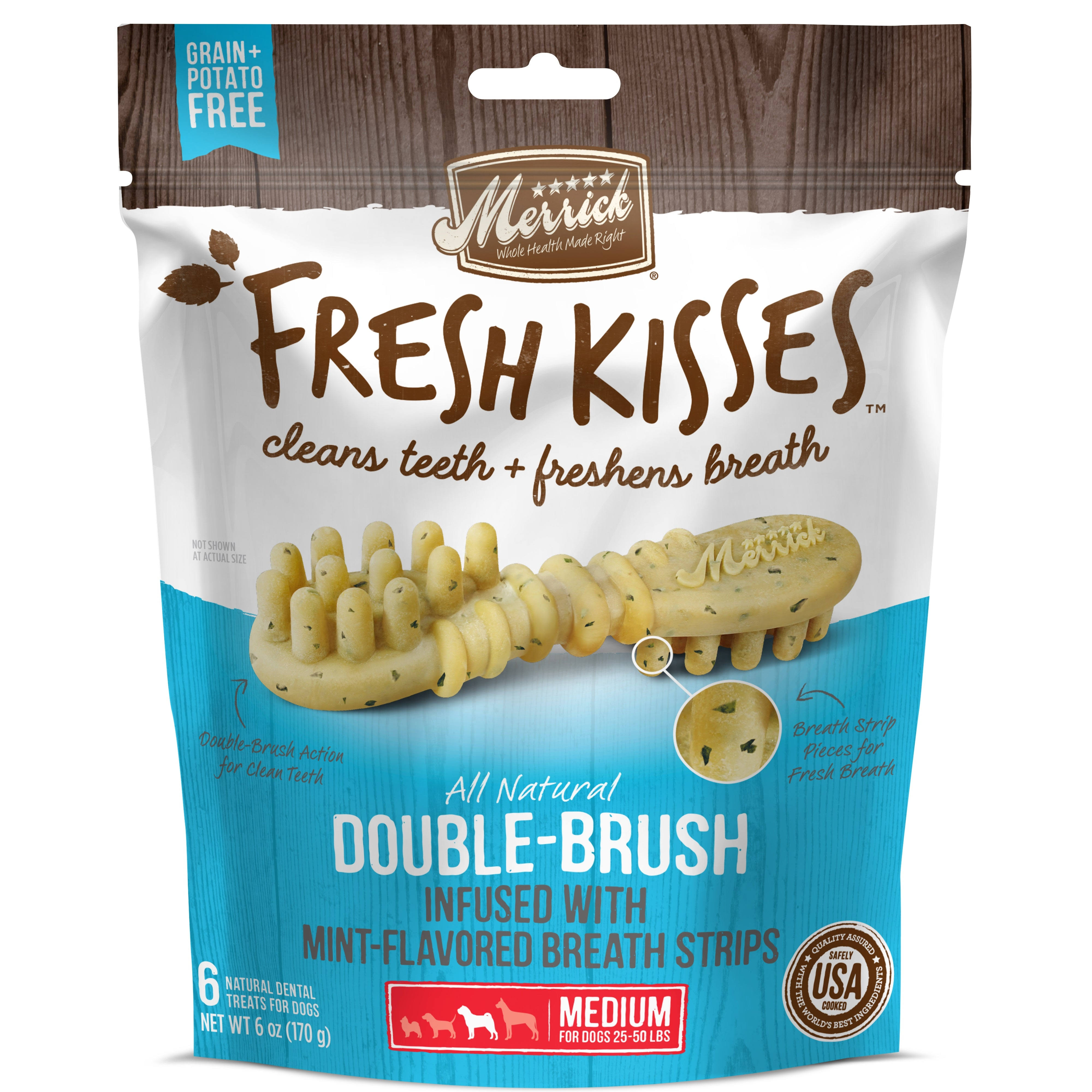 Merrick Fresh Kisses Double-Brush Mint Breath Strips Medium Grain-Free Dental Dog Treats